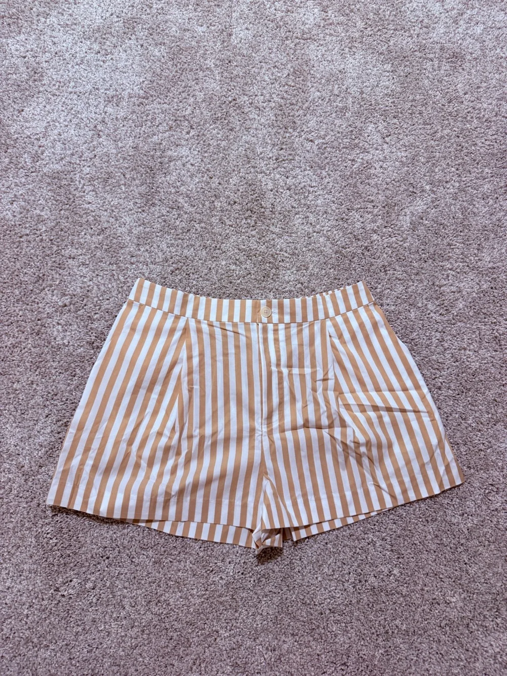 STAUD Zoey Cotton Beige and White Striped High-Rise Shorts